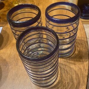 Cobalt spiral handblown Mexico set of 3 glasses Excellent condition